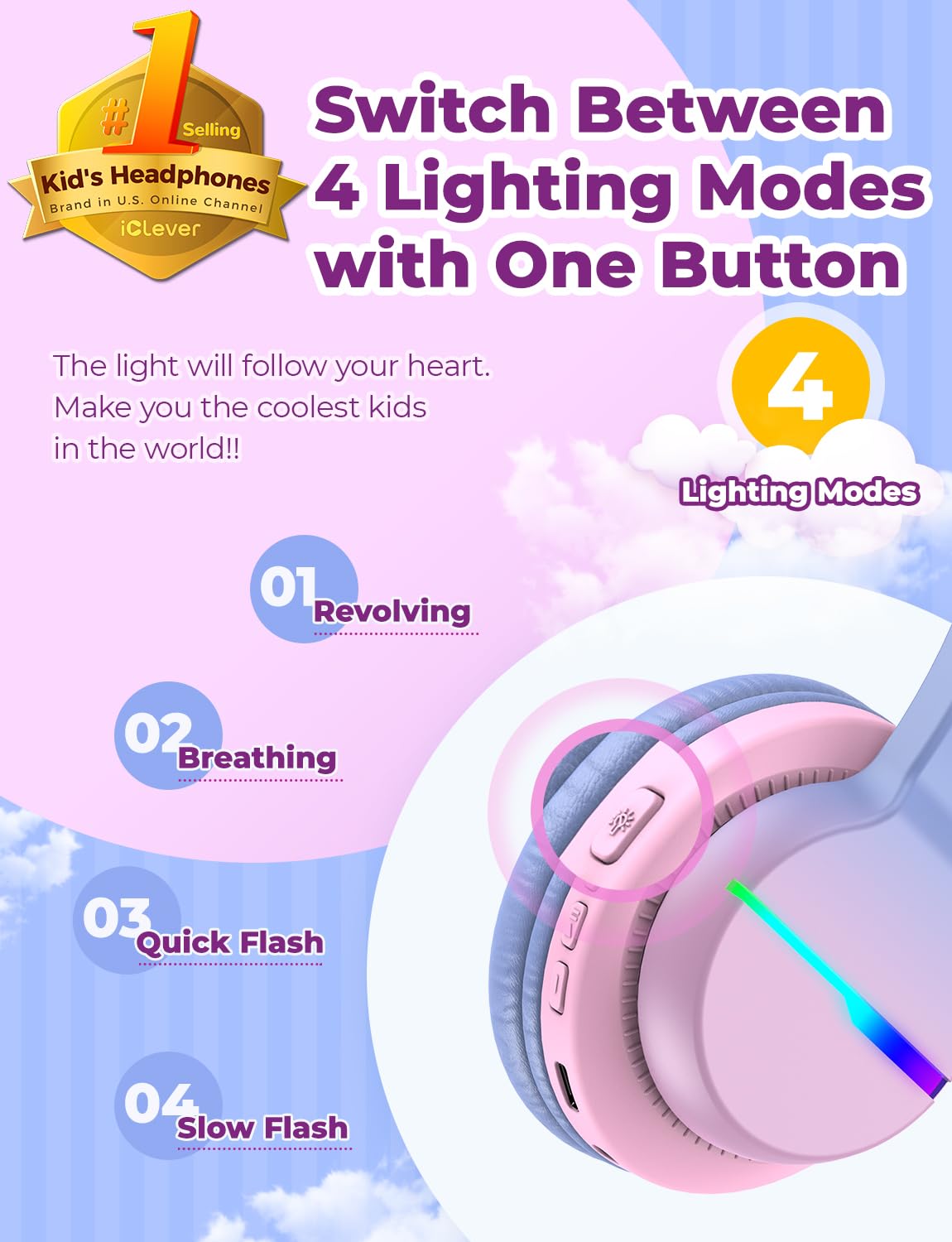 iClever BTH12 LED close-up highlighting colorful modes and kid appeal