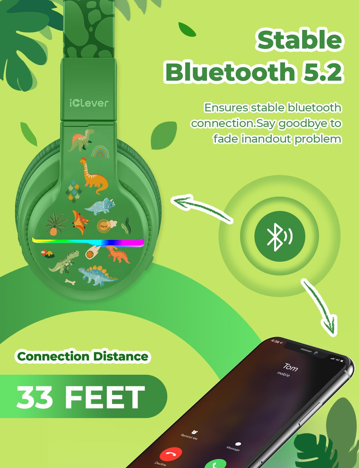 iClever BTH12 beside smartphone for scale, emphasizing compact kid-friendly size