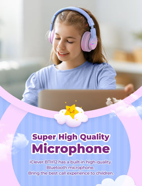 iClever BTH12 beside tablet illustrating scale and kid-friendly compatibility