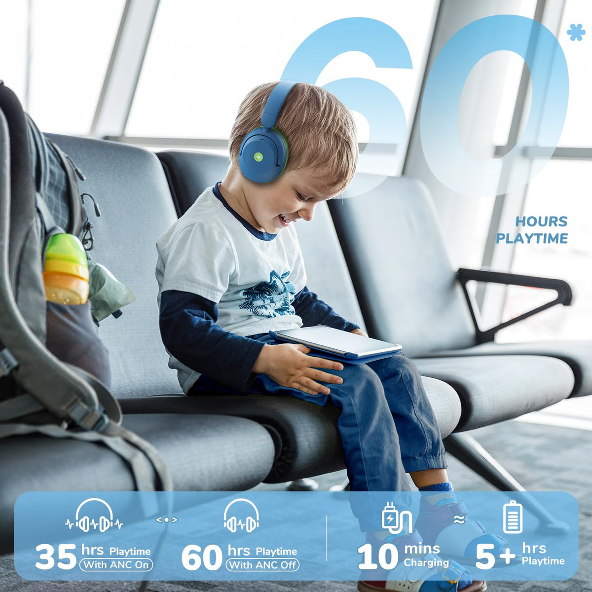 iClever BTH20 adjustable headband detail demonstrating secure fit for kids