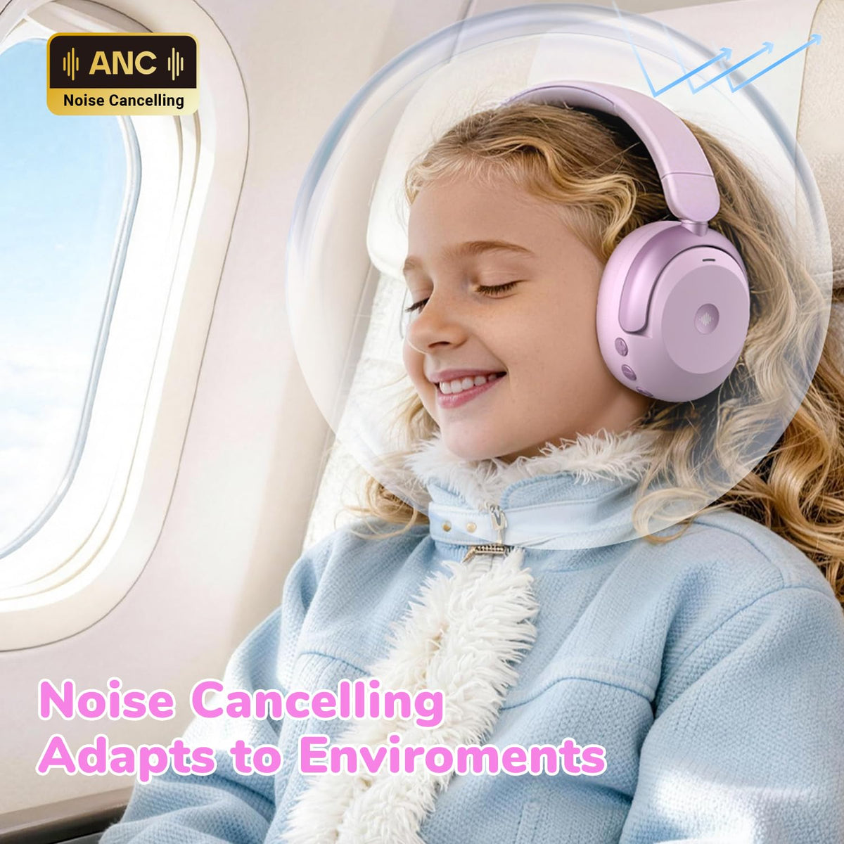 iClever worn by child on airplane illustrating noise reduction benefit