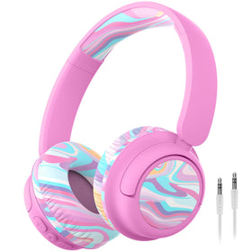 iClever BTH22 front view headpho ne for kids, pink stripe design