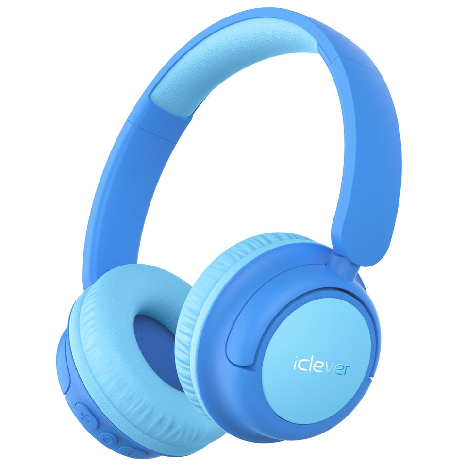 iClever BTH22 kids headphones front view in blue for travel comfort