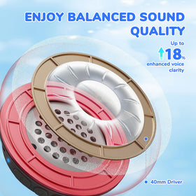 iClever BTH22 kids headphones red on-table shot emphasizes long battery life for travel