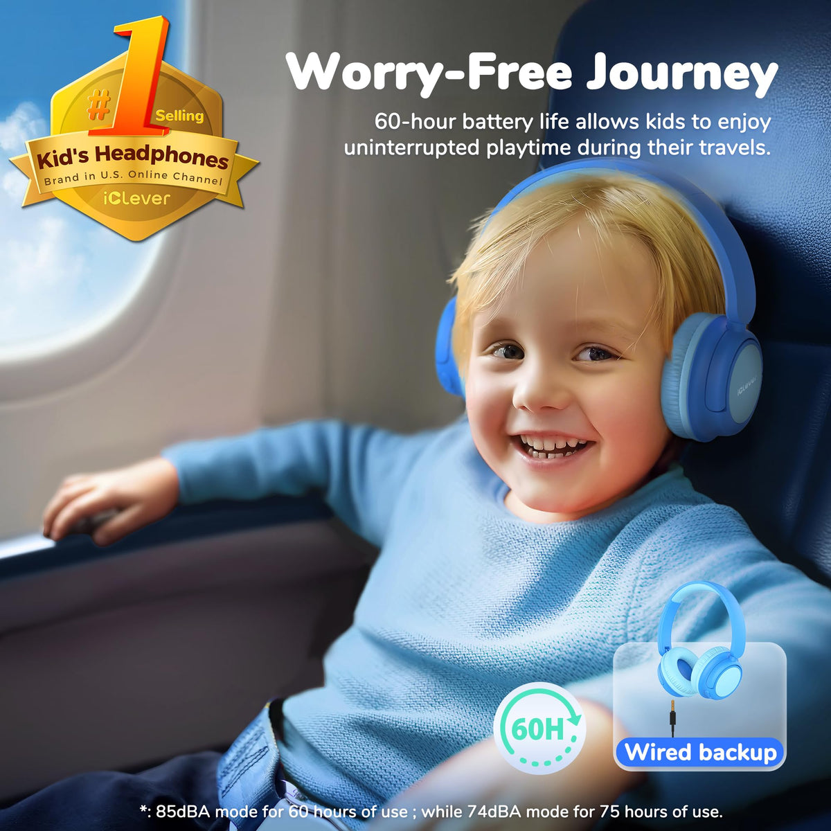 iClever BTH22 kids headphones side view showing adjustable headband