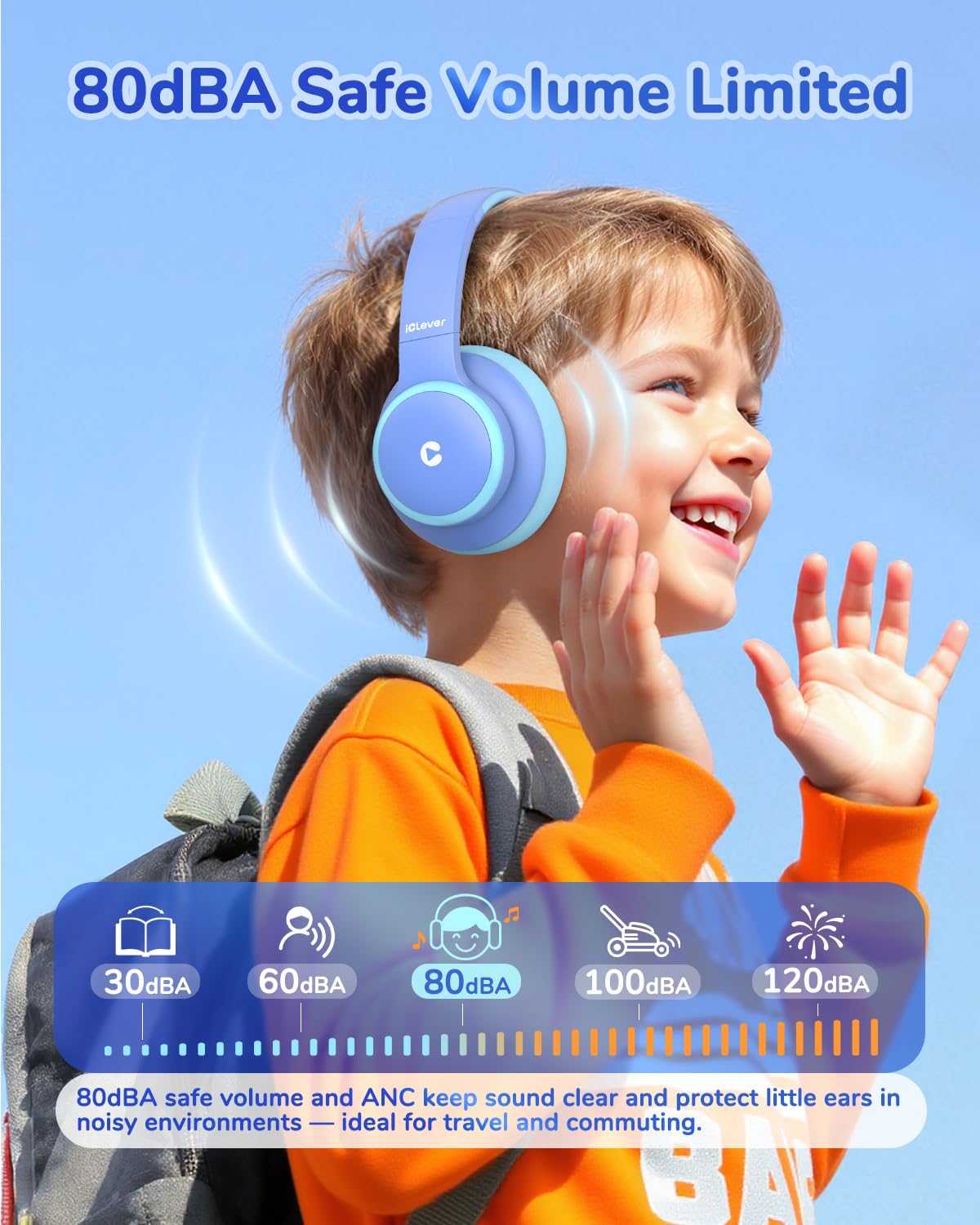 iClever BTH26 worn by a child demonstrating secure fit for learning and play