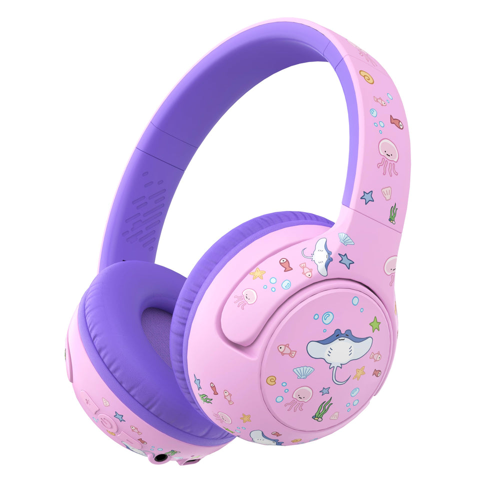 iClever BTH27 front view showing safe, compact purple headphones and clear branding