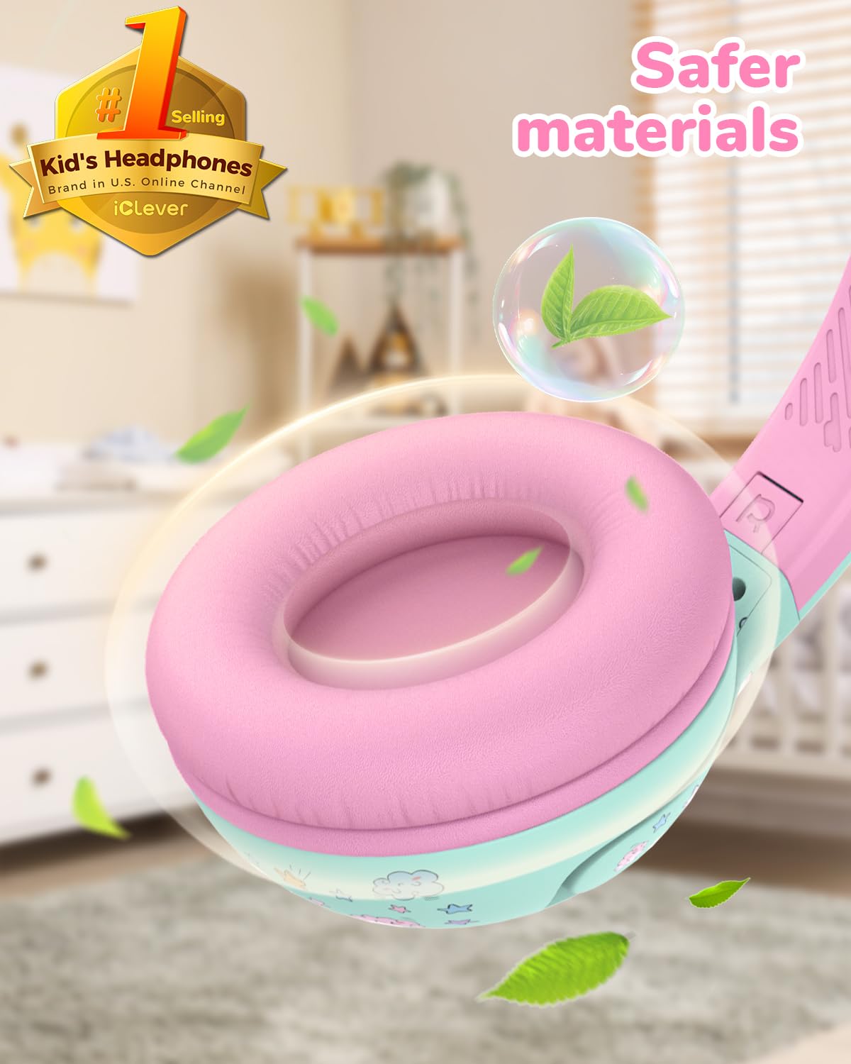 iClever BTH27 toddler headphones side pink view for travel and storage