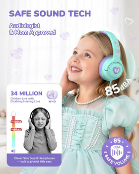 iClever C371 kids headphones cream green worn by child with safe volume