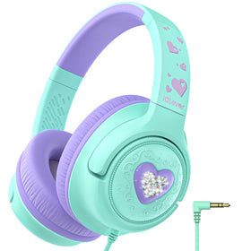 iClever C371 kids headphones cream green front view folded for travel