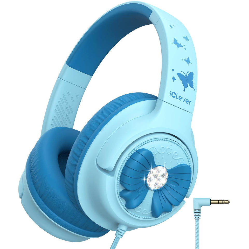 iClever C371 powder blue headphones front view for safe listening and classroom use.