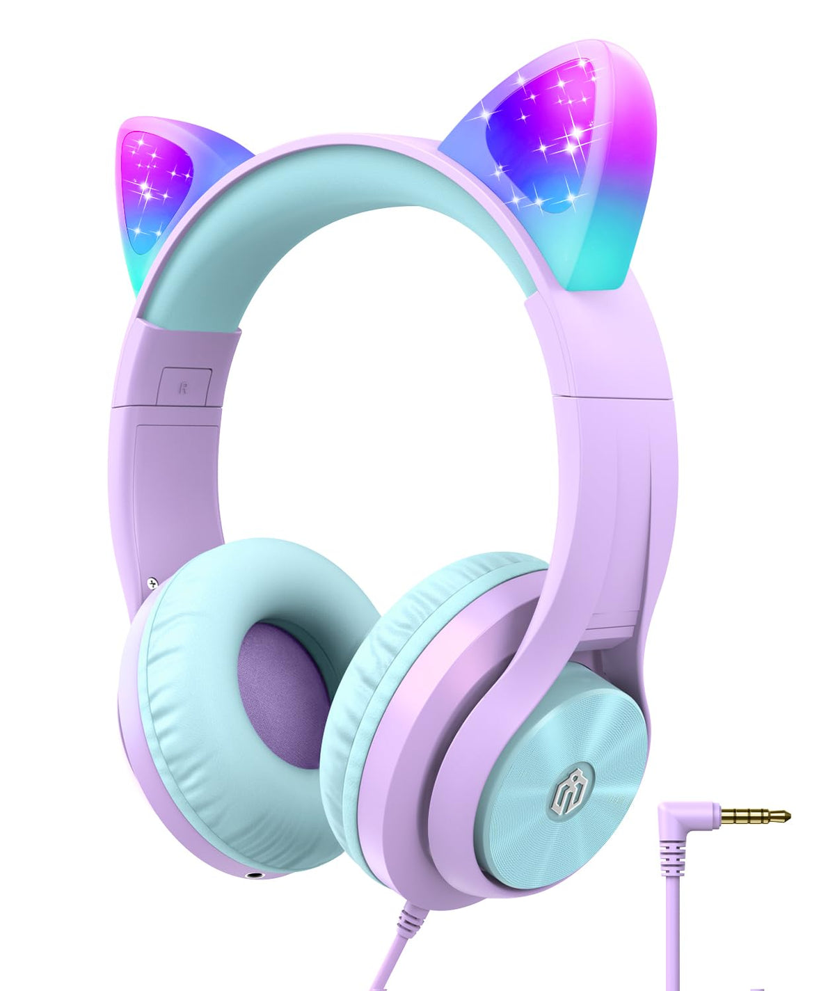 iClever cat ear LED headphones with microphone for kid-friendly audio sessions.