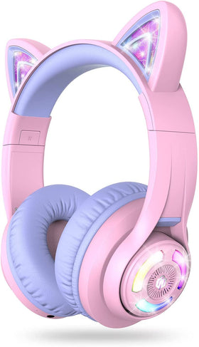 iClever front view of purple cat ear headphones showing playful design and secure fit