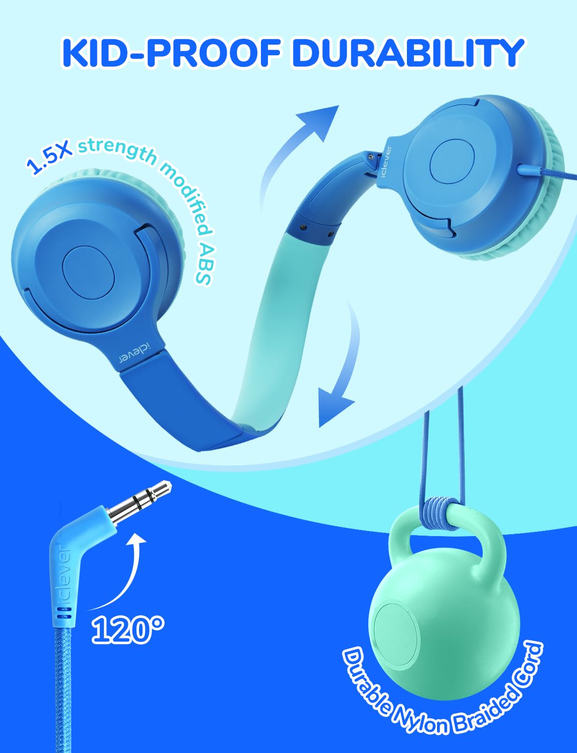 iClever folded swivel headset highlighting durable, compact storage benefit
