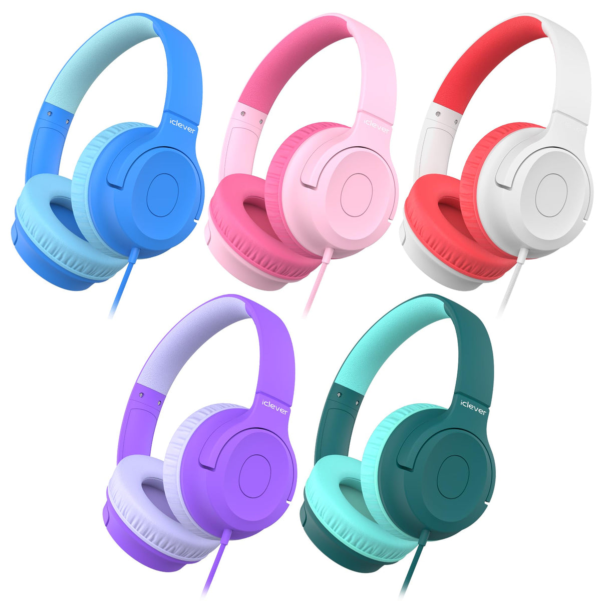 iClever front packaging of 5-pack headphones showing bulk classroom value