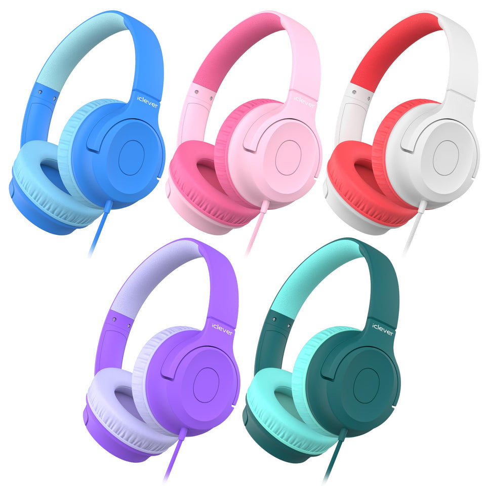 iClever front packaging of 5-pack headphones showing bulk classroom value