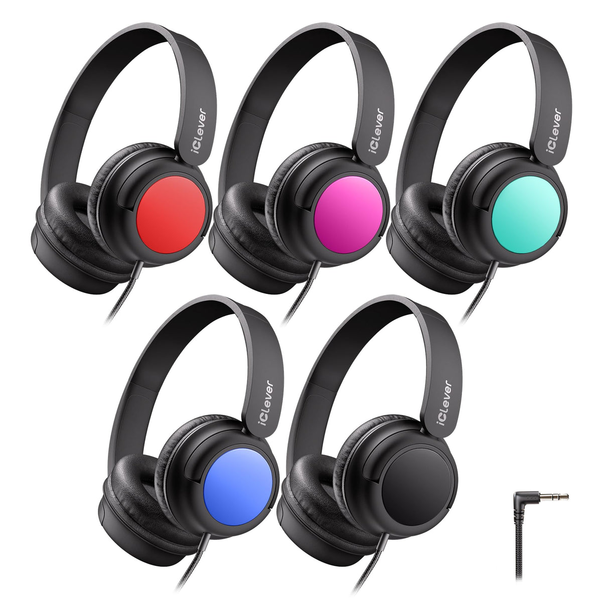 iClever front packaging showing five headphones and classroom-ready durability