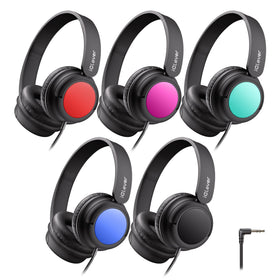 iClever front packaging showing five headphones and classroom-ready durability