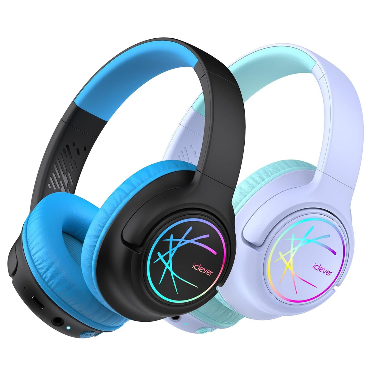 iClever front packaging showing two-color kids headphones and benefits