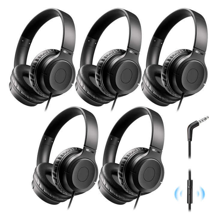 iClever front view of headphones pack showing five units and durability