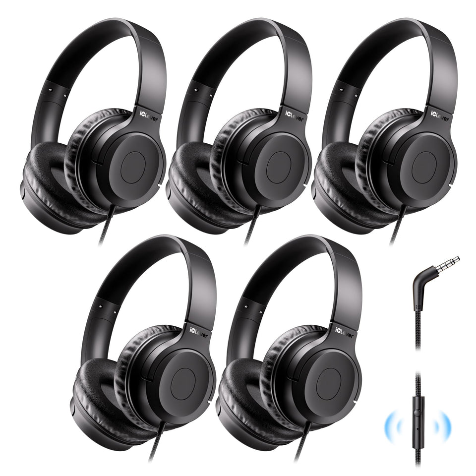 iClever front view of headphones pack showing five units and durability