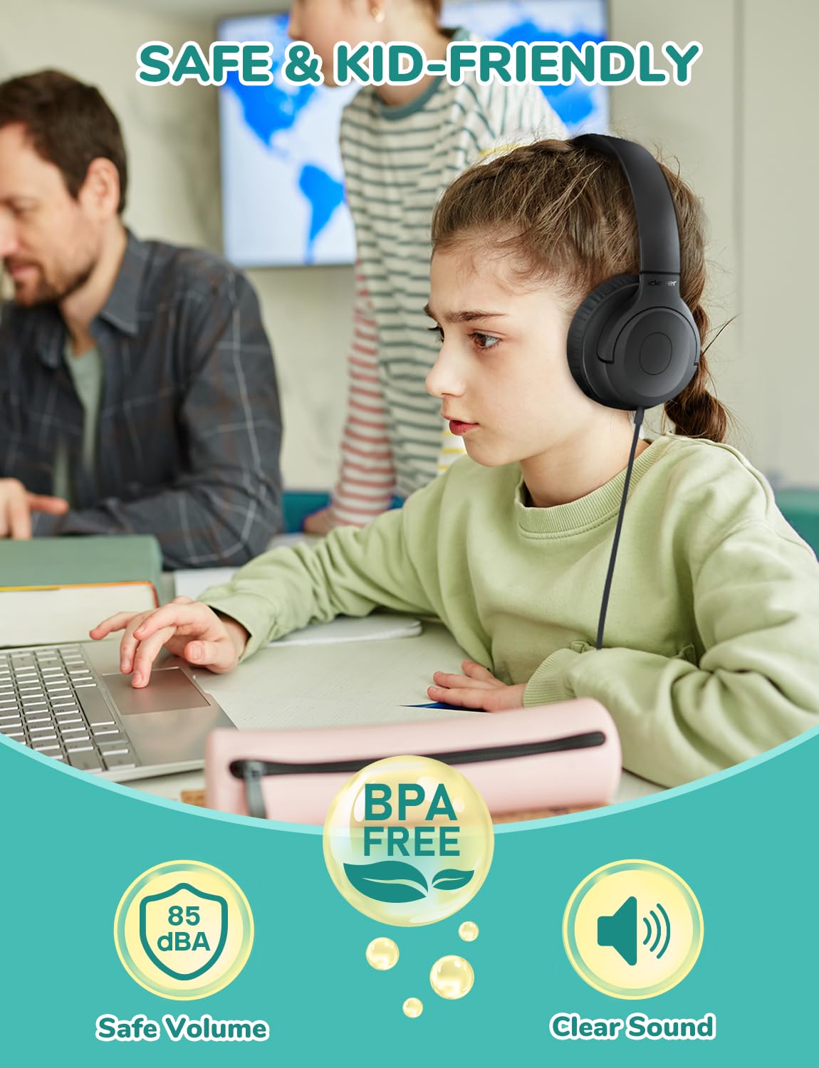 iClever student wearing headphones in class showing clear audio for learning