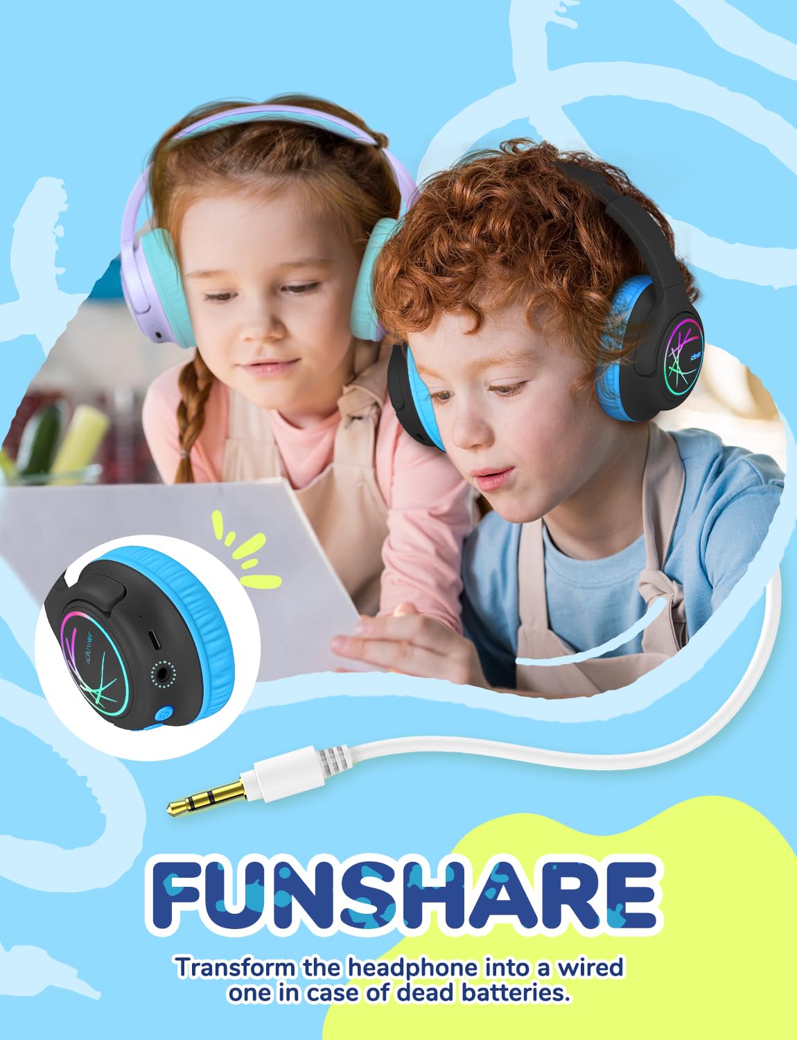 child using iClever headphones with tablet showing safe listening