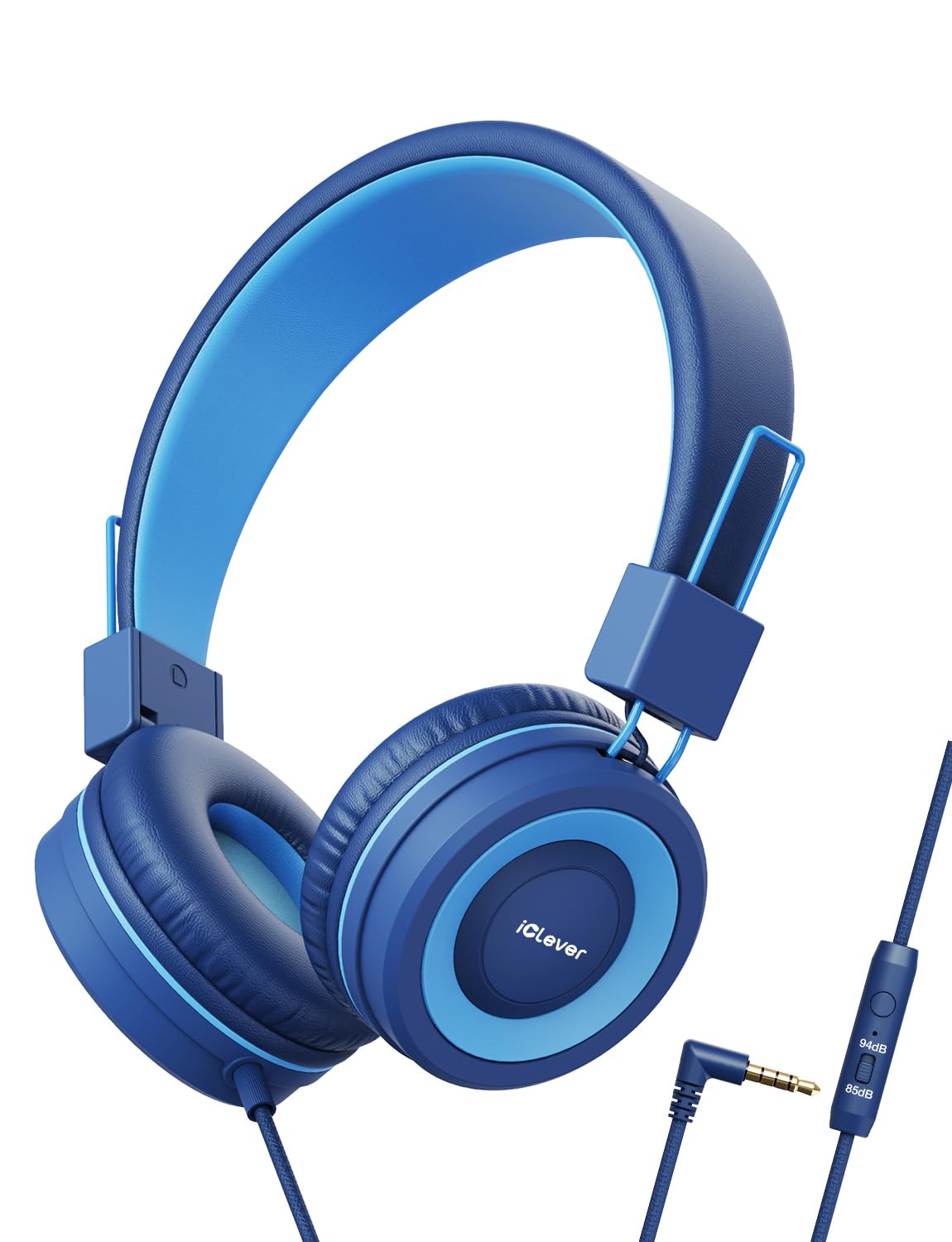 iClever HS14 kids headphones in light blue with comfortable padding for long study sessions.