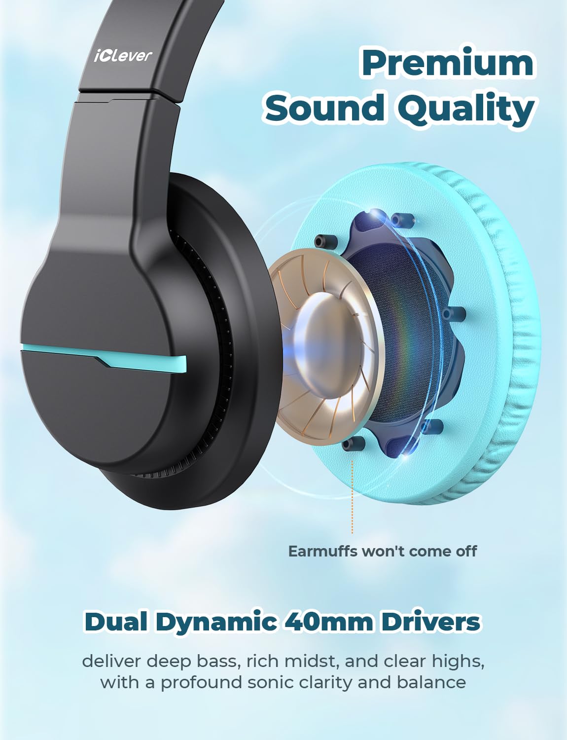 iClever HS19 40mm drivers deliver rich stereo sound for games and music.