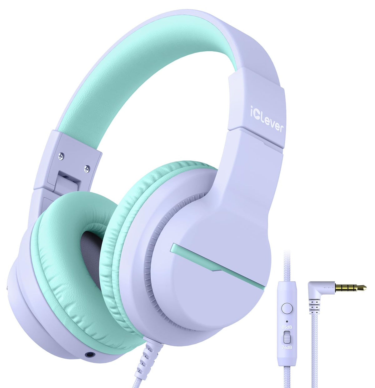 iClever HS19 safe volume feature showing 74/85 dBA control for calm listening