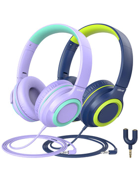 iClever HS22 front packaging showing two headphones and splitter, highlights safer listening