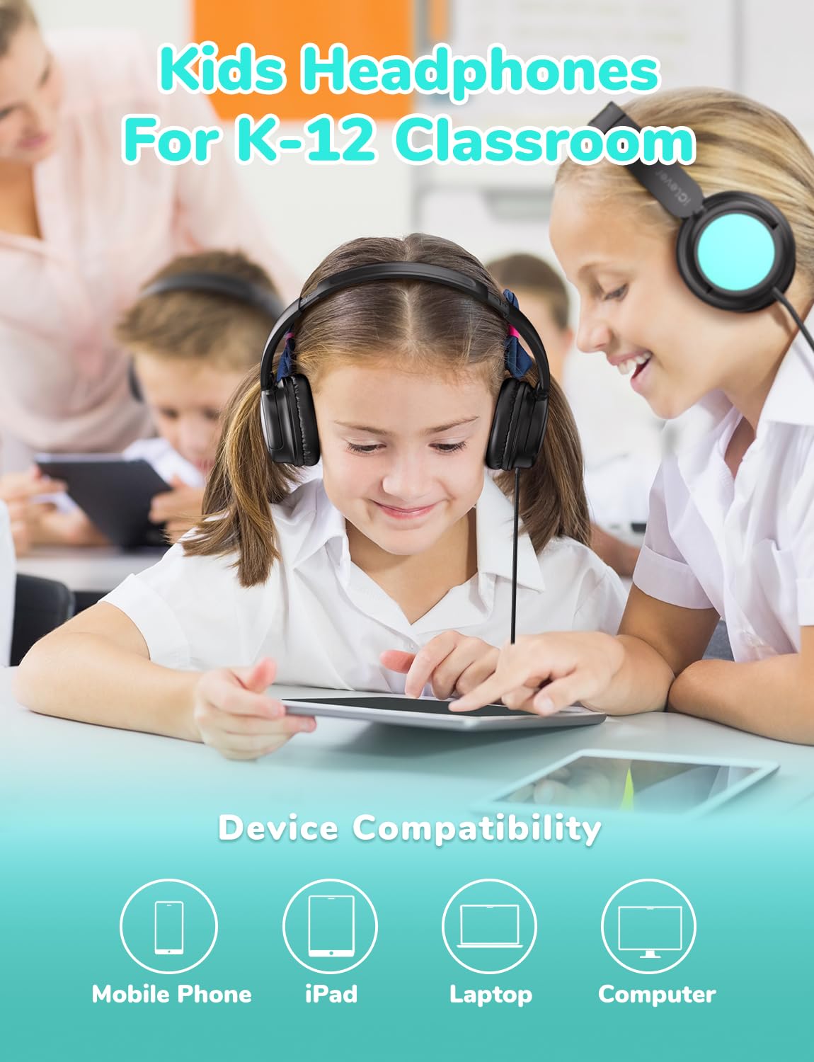 iClever headphones worn by a student in class for focused learning