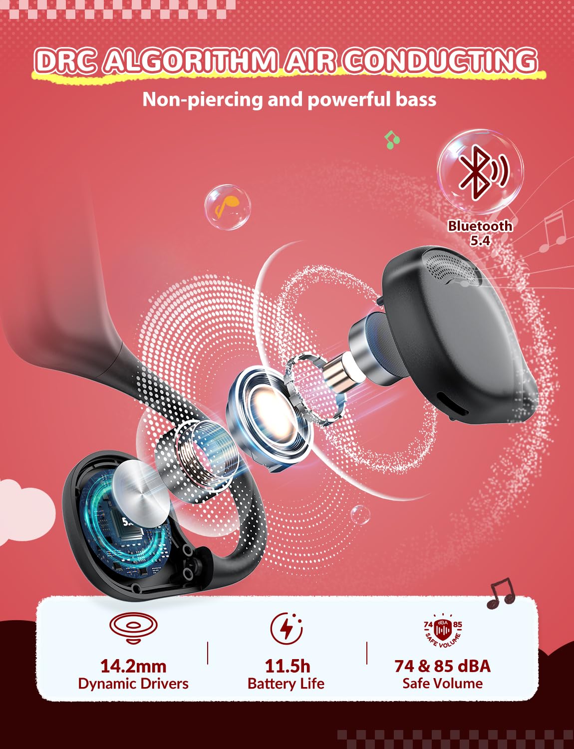 14.2mm drivers deliver rich stereo sound for kids