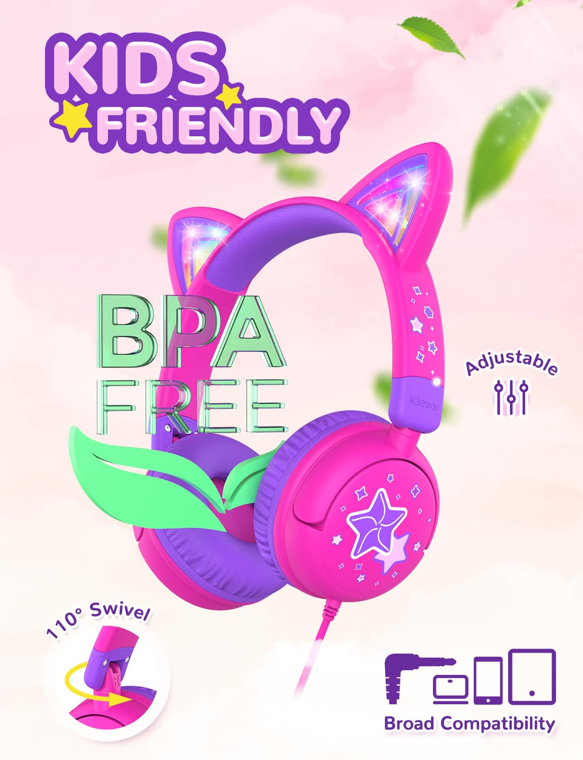 iClever Kids Headphones 40mm dynamic drivers for clear, balanced sound.