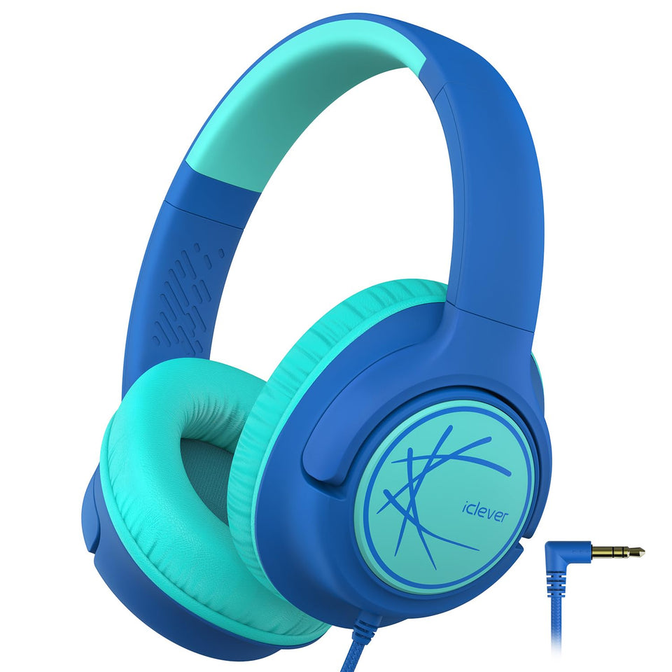 iClever Kids Headphones blue foldable design for easy travel and storage.