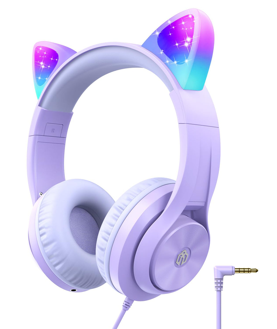 iClever Kids headphones with cat ear LED lights highlight a playful, safe listening experience.