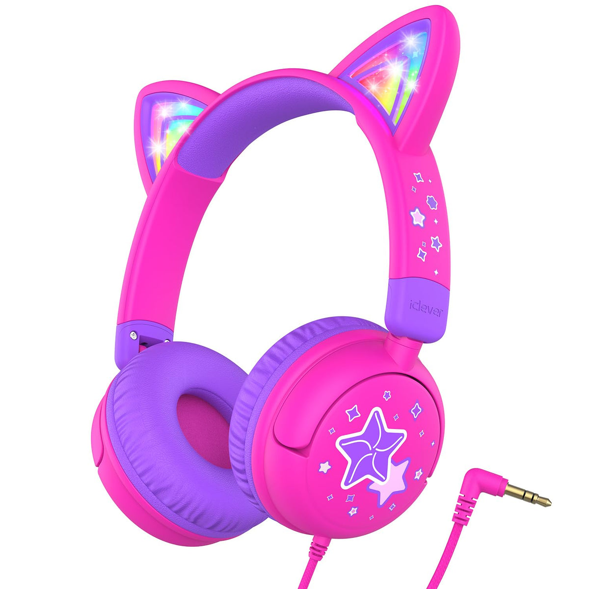iClever Kids Headphones with cat ear LED lights in pink, for playful travel and style.