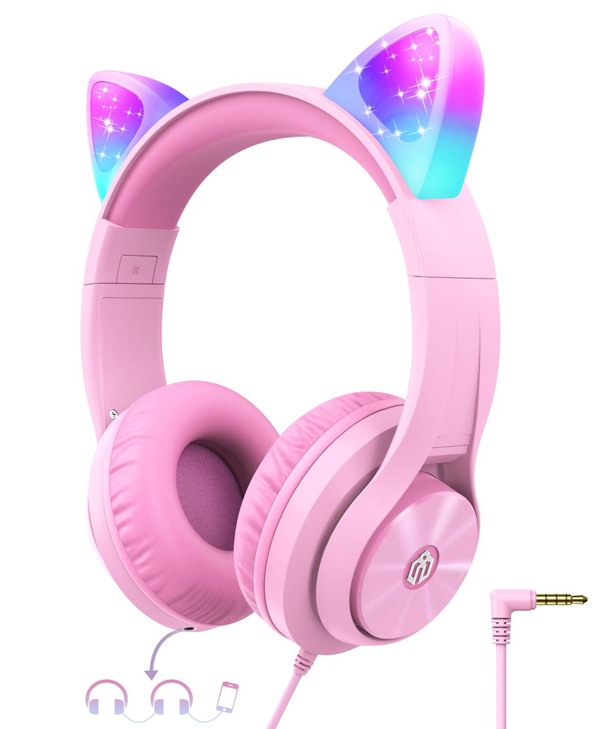 iClever Kids Headphones with cat ears and pink LED lights for playful listening.