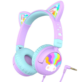 iClever Kids Headphones cat ear LED purple glow for travel safety