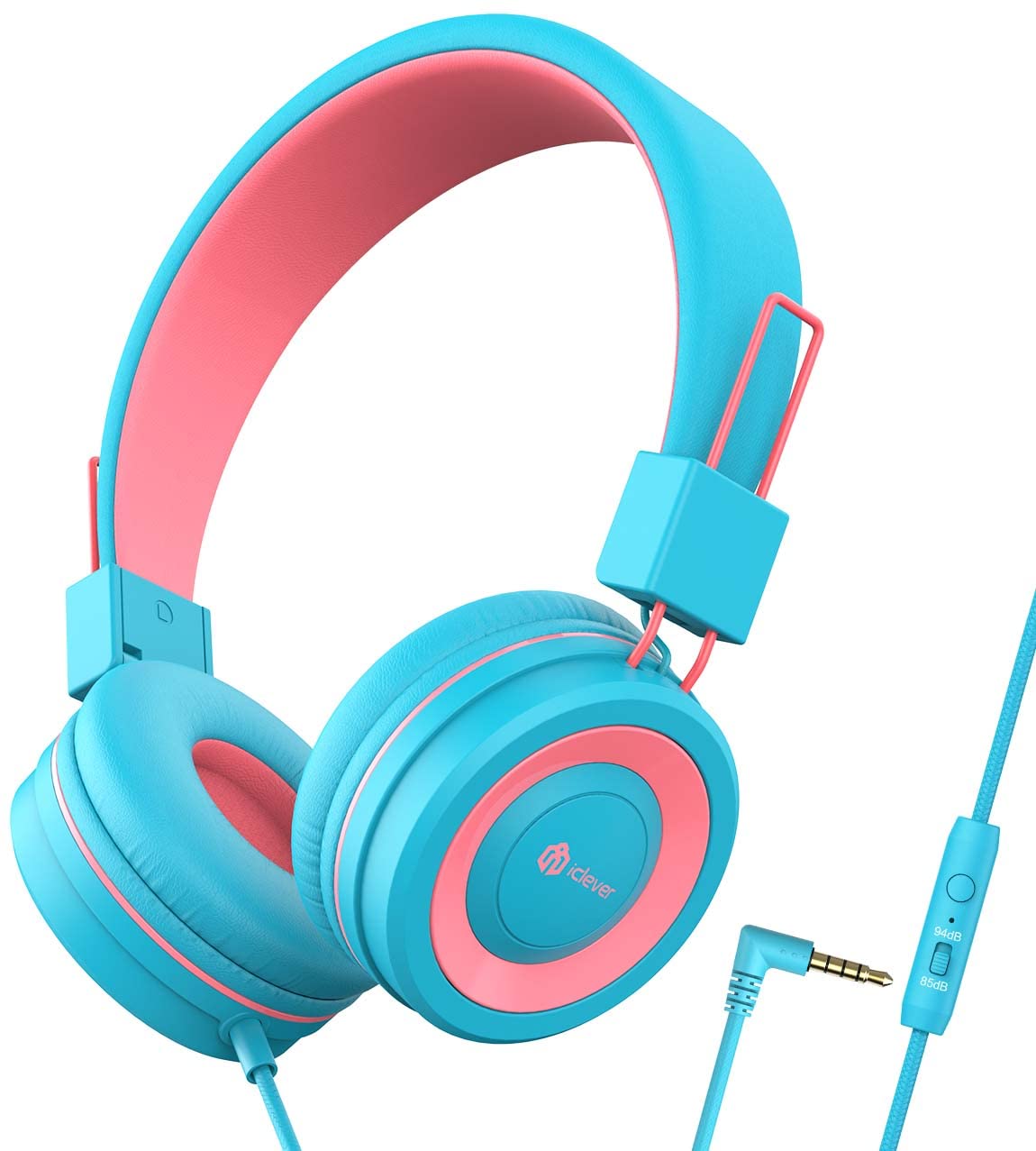 iClever kids headphones foldable blue-pink for easy travel and storage