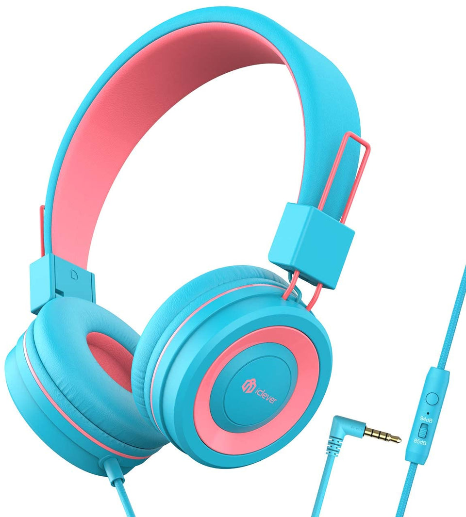 iClever kids headphones foldable blue-pink for easy travel and storage