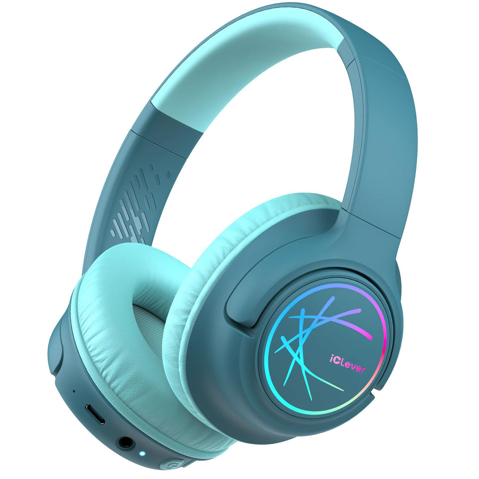 iClever Kids Headphones in green, folded for travel, lightweight and durable for on-the-go use.