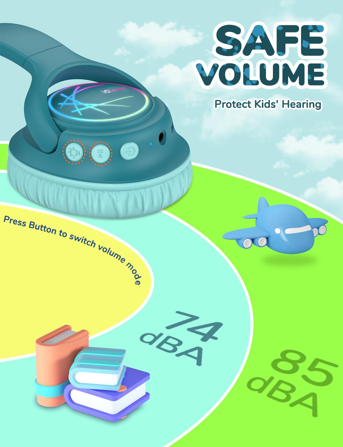 iClever Kids Headphones green with LED lights, engaging visuals during study and play.