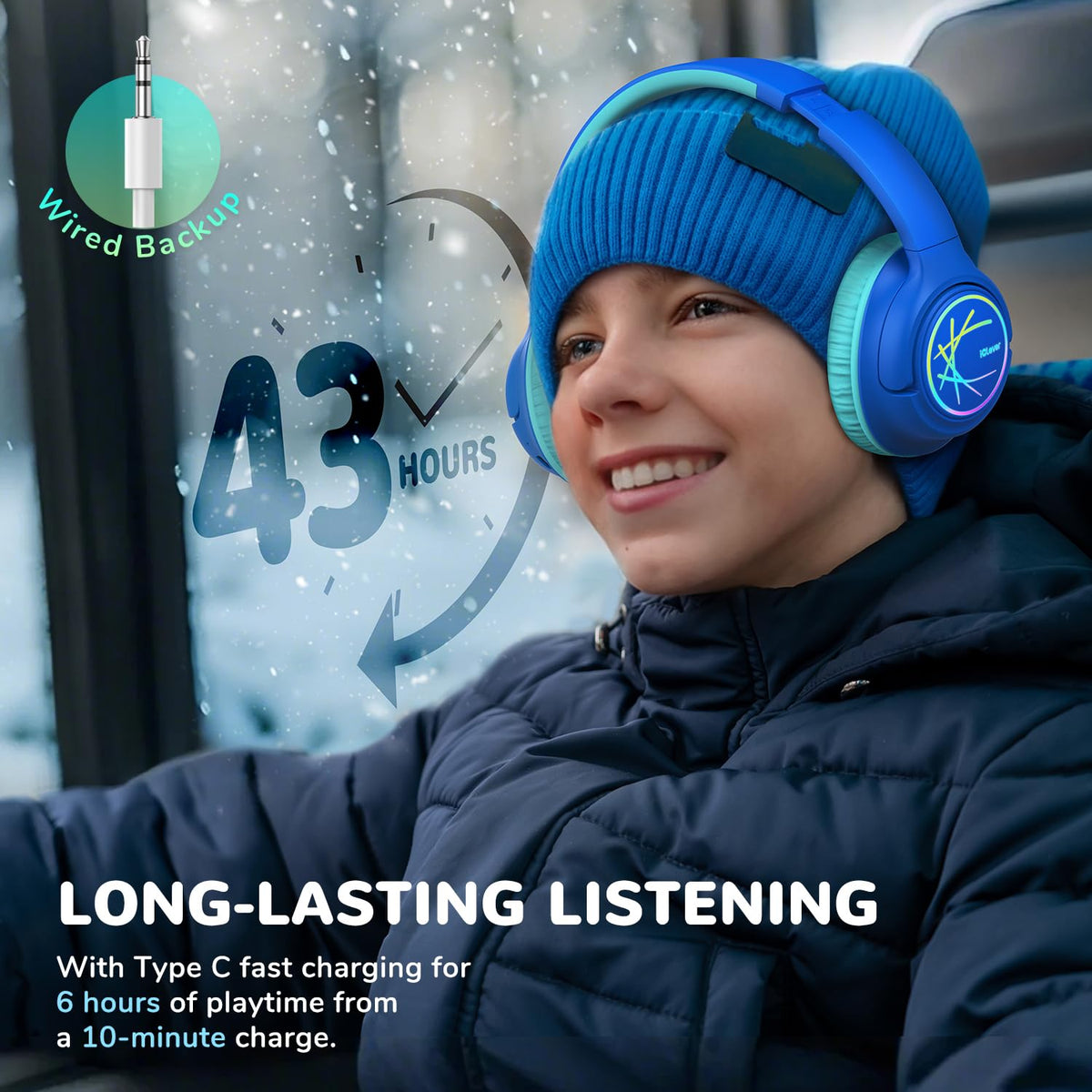 iClever Kids Headphones blue LED lighting in action