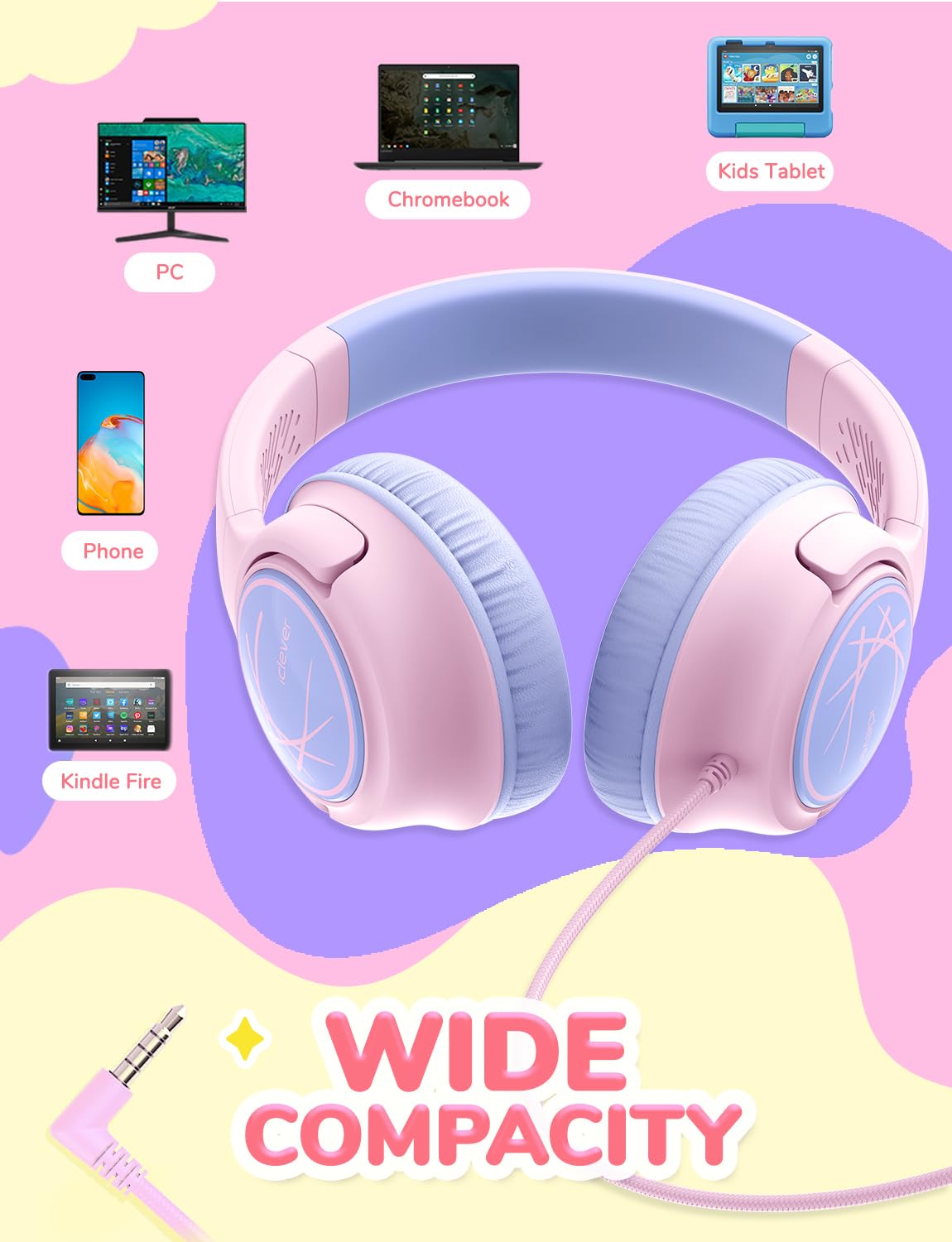 iClever pink kids headphones ideal for school and travel