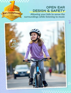 iClever Kids Headphones showing safe volume limits of 74-85 dBA