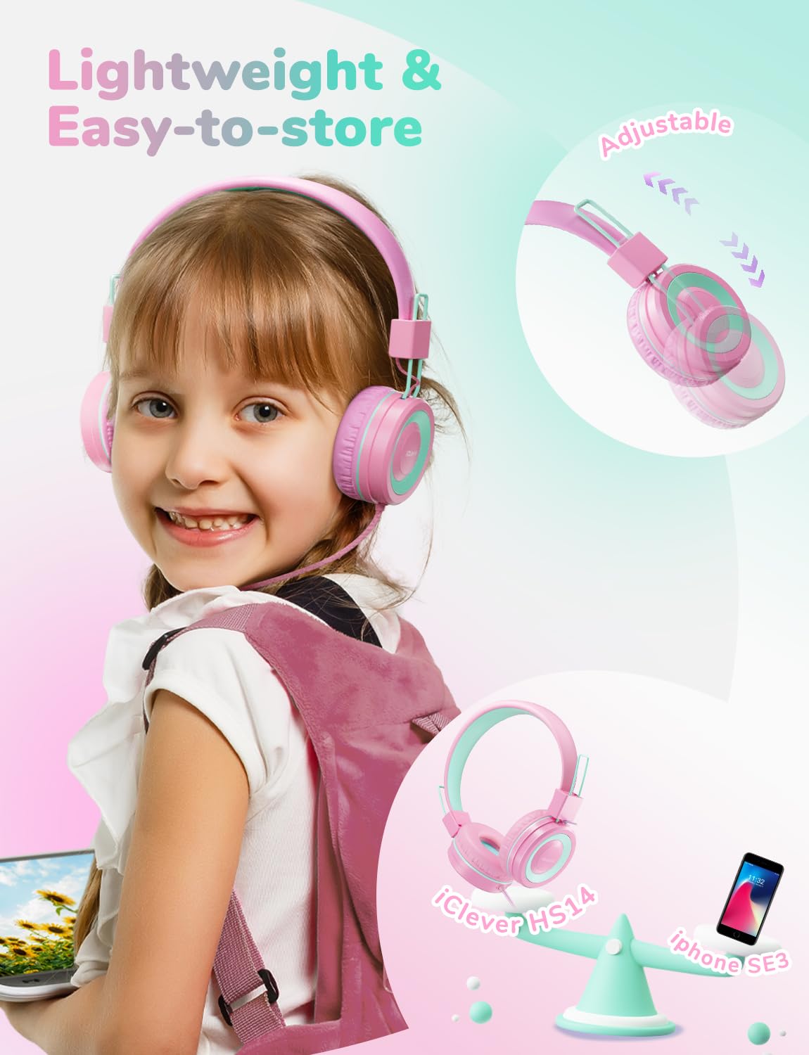 iClever Kids Headphones soft ear pads for hours of wear