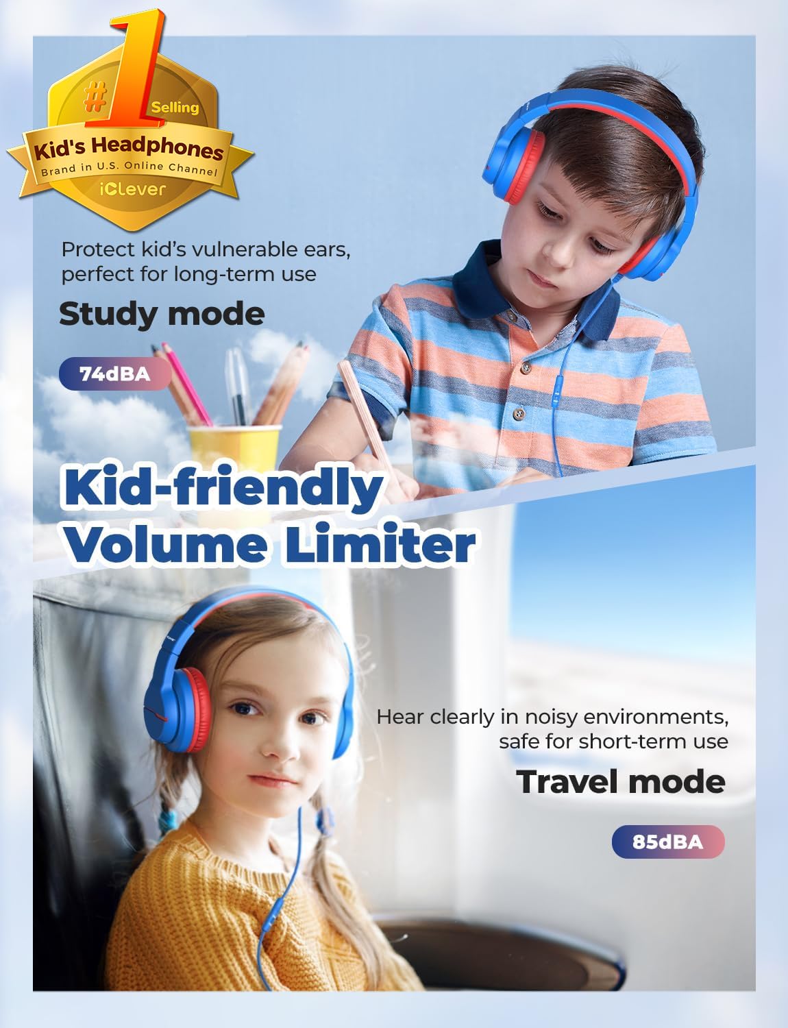 iClever Kids Headphones soft over-ear cushions for all-day comfort.