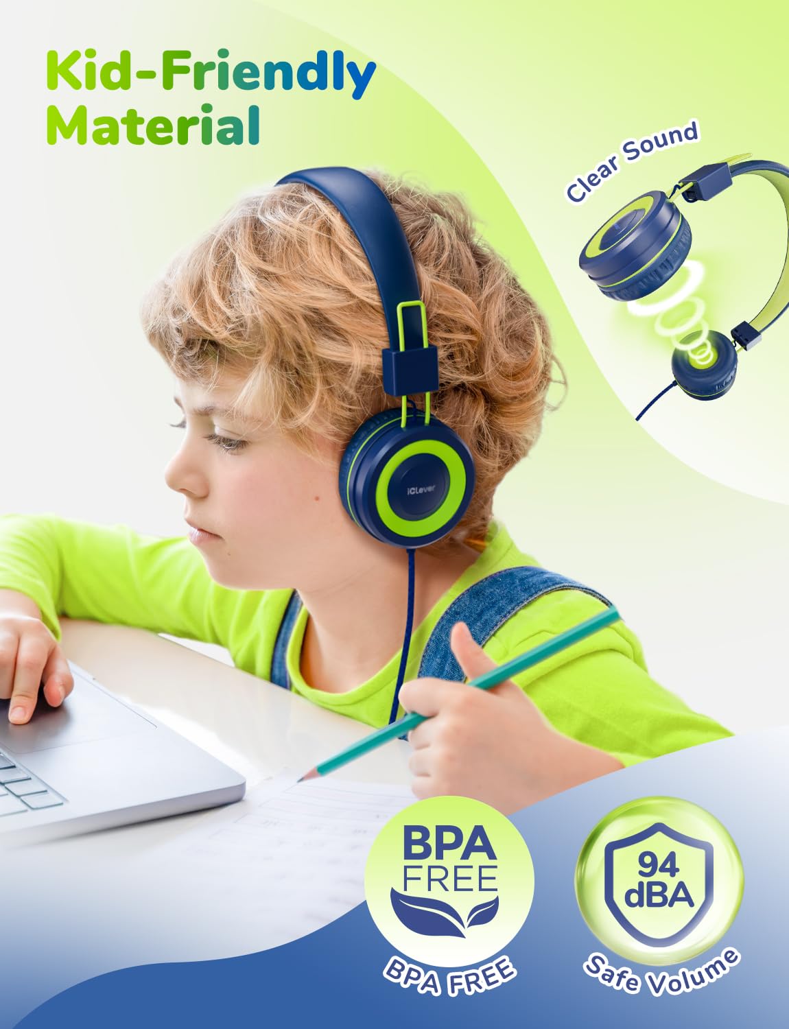 iClever Kids Headphones tangle-free cable reduces desk clutter