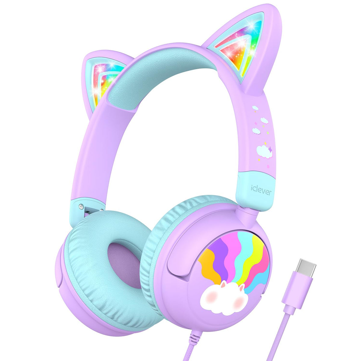 iClever Kids Headphones USB-C Meow Lollipop Purple cat ears with LED lights for travel.